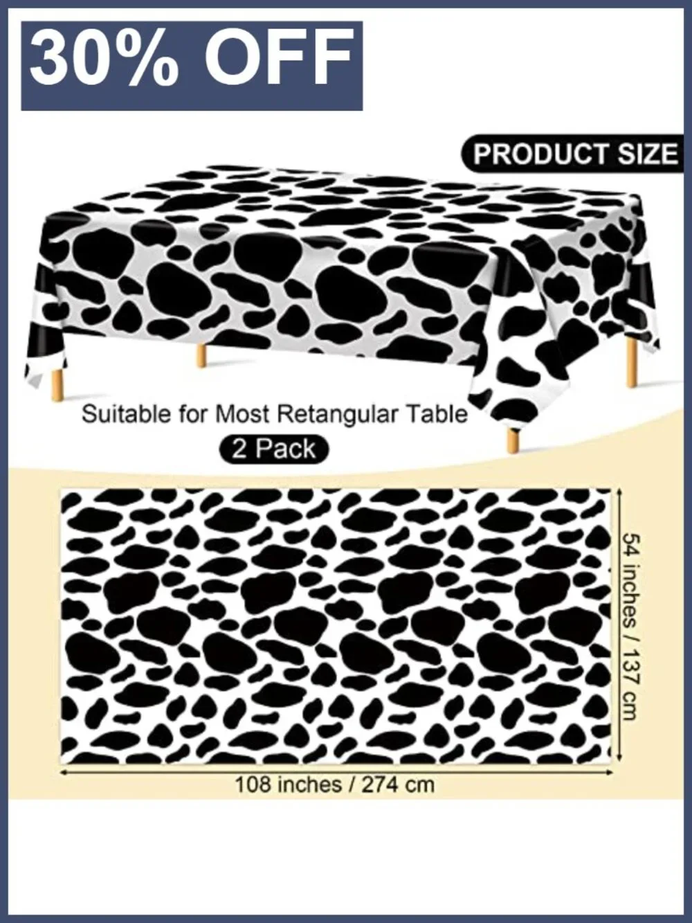 2 Pack Cow Print Plastic Tablecloths 108x54 Farm Animal Party Decor